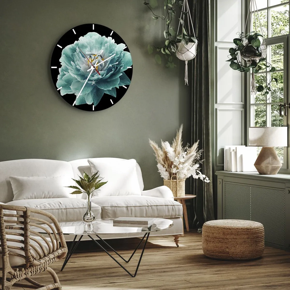 Falióra, Óra - Türkiz bazsarózsa virág fekete alapon - 30x30cm - Kék és arany szirmok - Modern fali dekoráció nappalihoz, konyhához és hálószobához ARTTOR