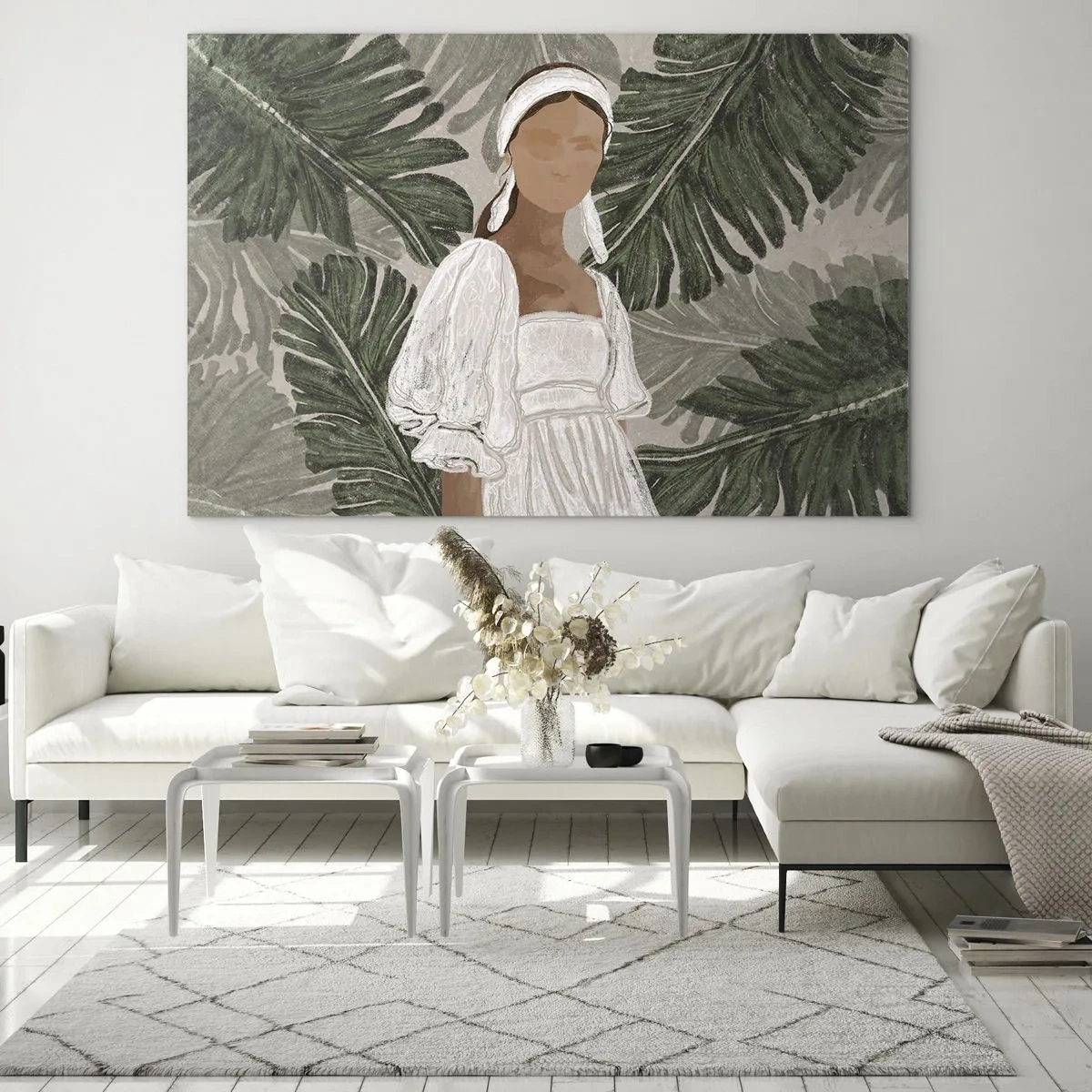 Üveg kép - Egy fehér ruhás nő zöld trópusi levelek hátterében. - 70x50cm - Egzotikus portré - Modern fali dekoráció nappalihoz és hálószobához ARTTOR