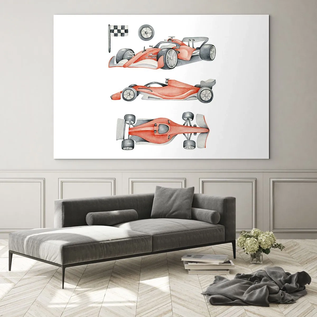 Üveg kép - Három képkockás illusztráció egy piros versenyautóról versenyzászlóval - 70x50cm - Egy álom elérése - Modern fali dekoráció nappalihoz és hálószobához ARTTOR