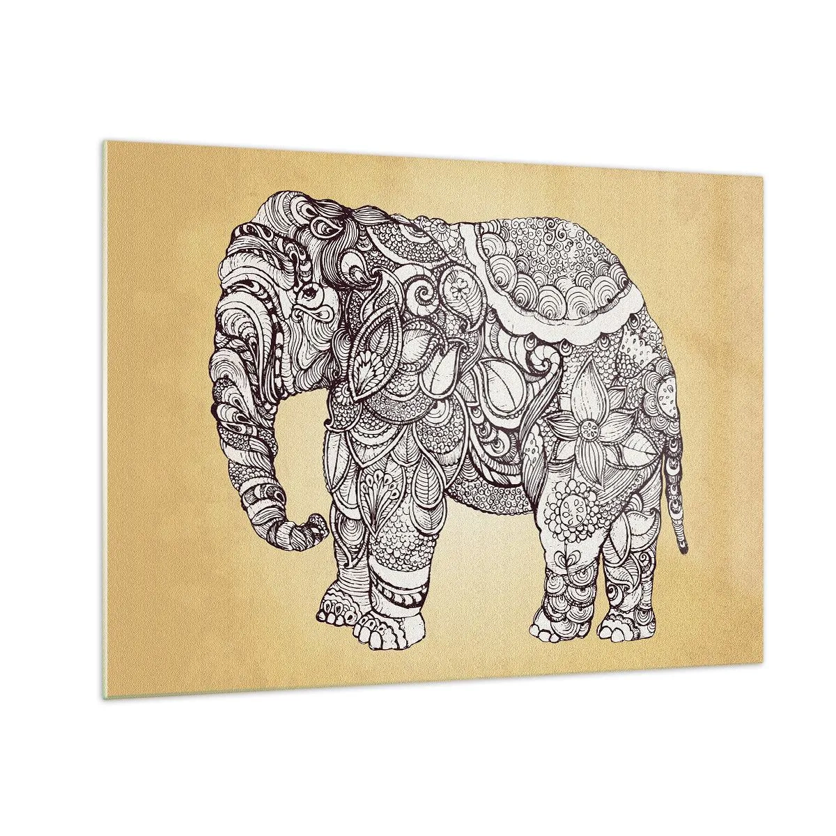 Üveg kép - Fekete-fehér elefánt keleti mintákkal bézs alapon - 70x50cm - Az elefánt megvakult - Modern fali dekoráció nappalihoz és hálószobához ARTTOR