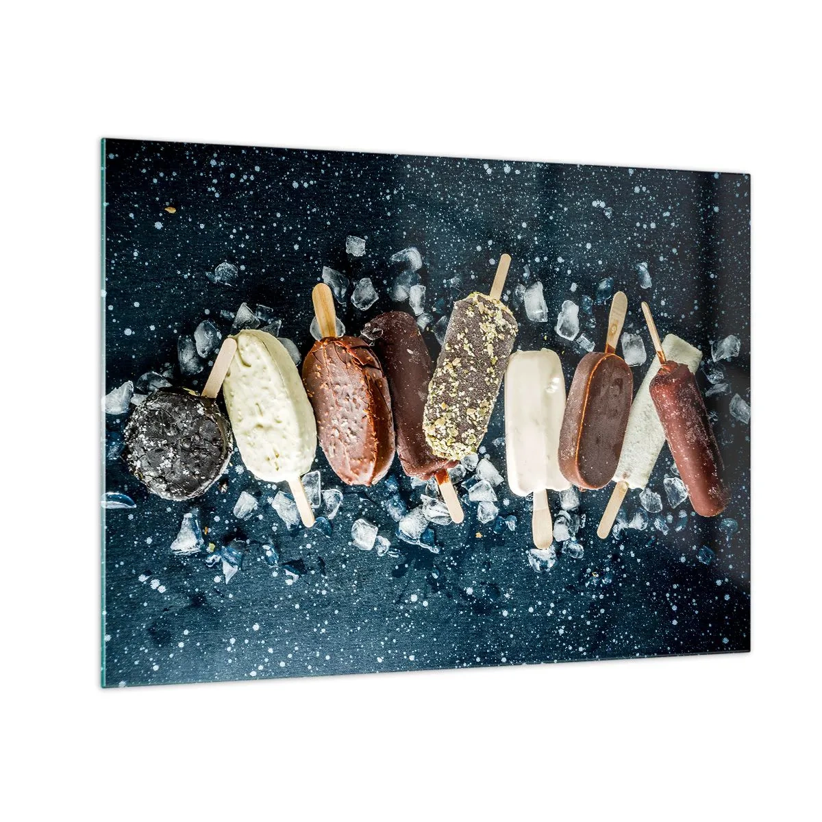 Üveg kép - Különböző ízű jégkrémek jégkockákon elrendezve - 70x50cm - A forró nyár íze - Modern fali dekoráció nappalihoz és hálószobához ARTTOR