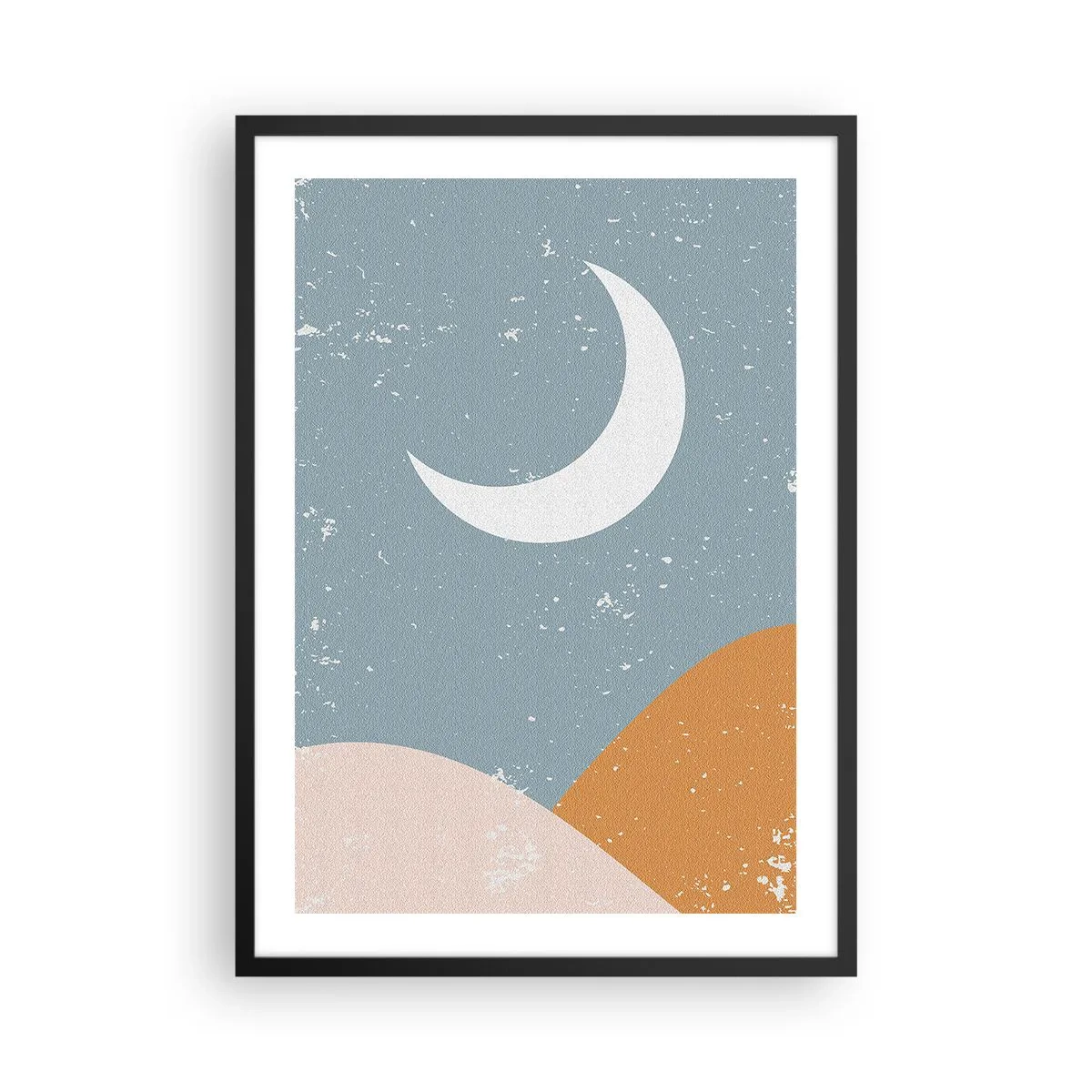 Poszter fehér keretben - Egy minimalista hold egy absztrakt táj felett. - 50x70cm - A sok éjszaka csodája - Modern fali dekoráció nappalihoz és hálószobához ARTTOR