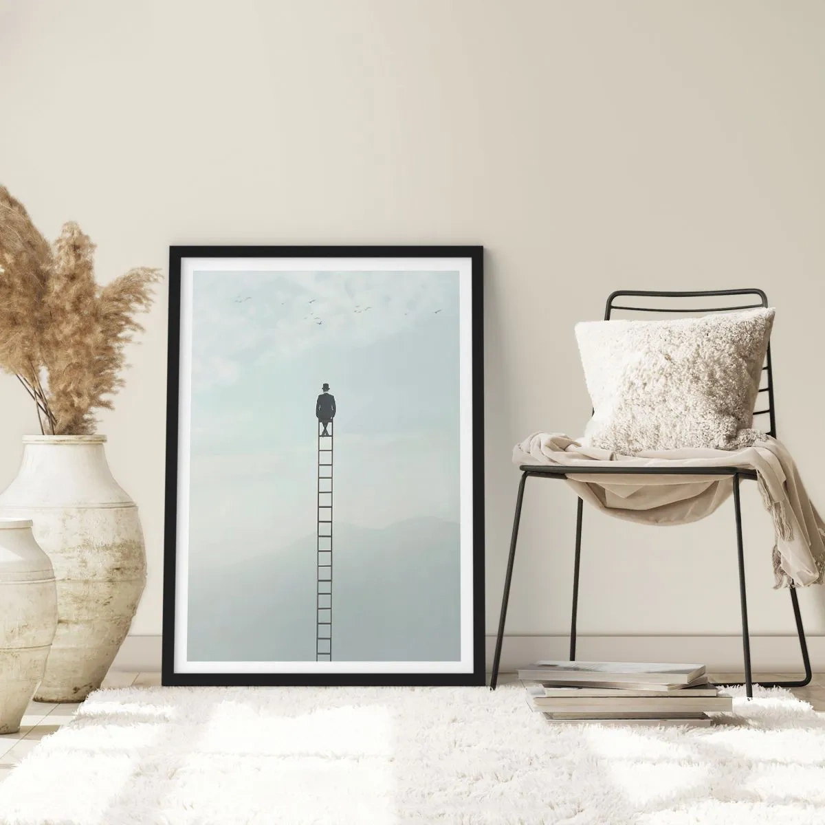 Poszter fehér keretben - Létrán álló férfi az eget nézi - 50x70cm - Emelkedj feljebb - Modern fali dekoráció nappalihoz és hálószobához ARTTOR