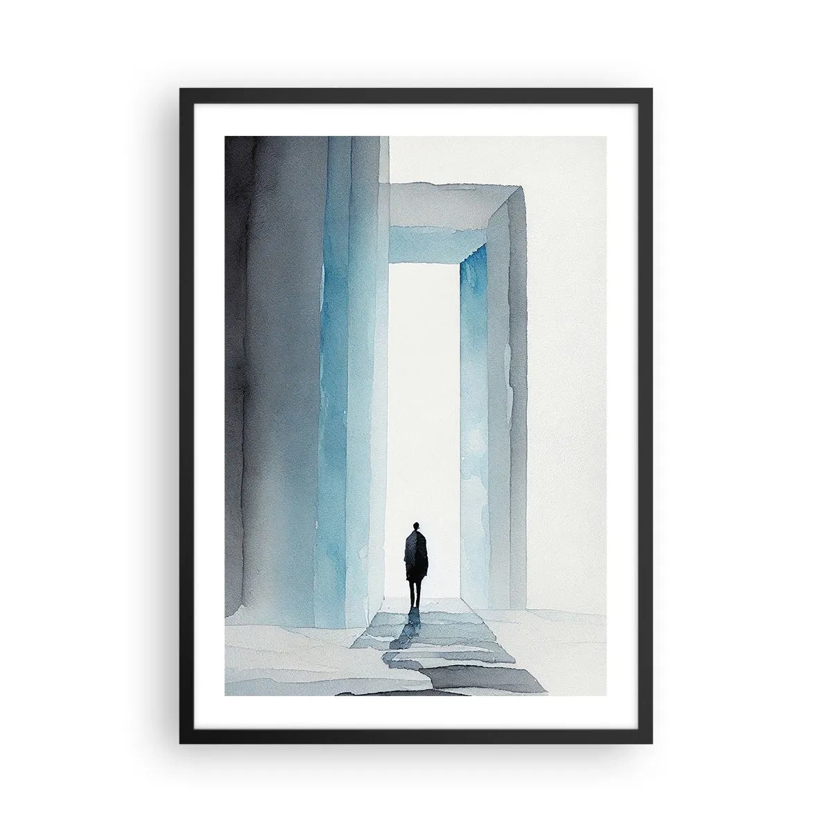 Poszter fehér keretben - Egy alak sétál át egy kék kapun, amely a szabadságot és a korlátlan lehetőségeket szimbolizálja - 50x70cm - Élj korlátok nélkül - Modern fali dekoráció nappalihoz és hálószobához ARTTOR