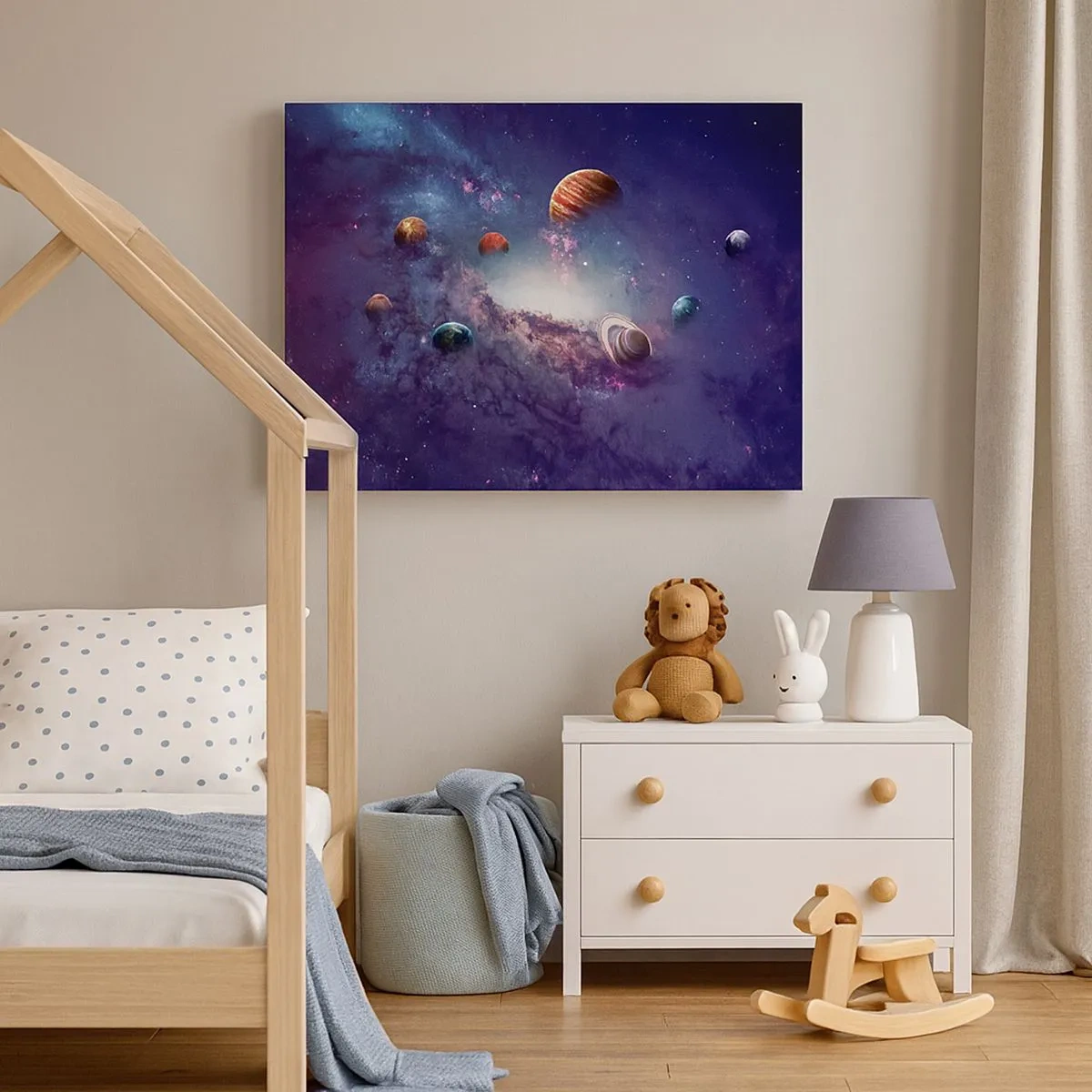 Vászonkép - Bolygókkal egy galaxisban, köddel a háttérben - 70x50cm - Napos táncrendszer - Modern fali dekoráció nappalihoz és hálószobához ARTTOR
