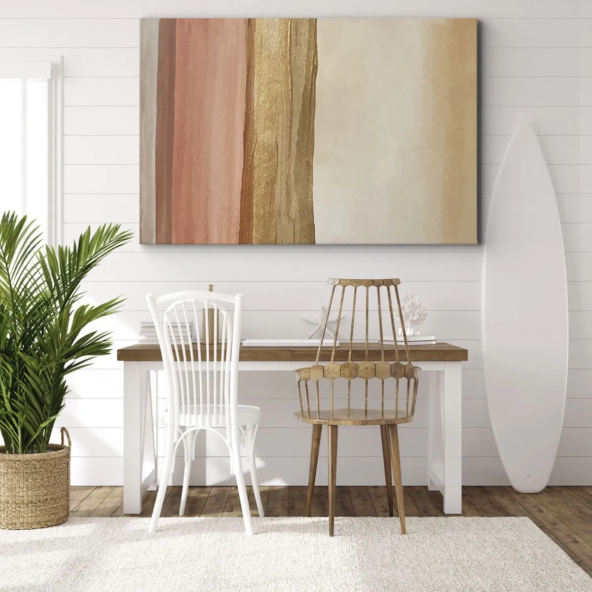 Vászonkép - Absztrakt csíkok bézs, arany és rózsaszín árnyalatokban, vászonon - 70x50cm - Függőleges kompozíció - Modern fali dekoráció nappalihoz és hálószobához ARTTOR