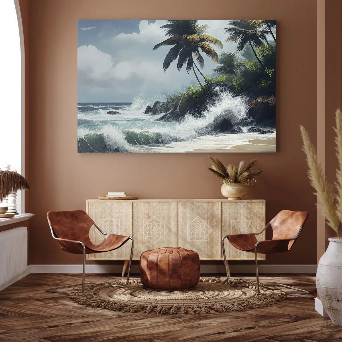 Vászonkép - Trópusi part pálmafákkal és viharos tengerrel - 70x50cm - Egy trópusi parton - Modern fali dekoráció nappalihoz és hálószobához ARTTOR