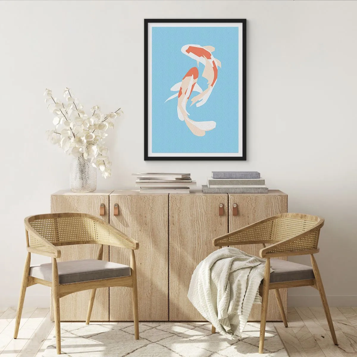 Poszter fehér keretben - Két koi hal úszik harmóniában - 50x70cm - Spontán szinkronúszás - Modern fali dekoráció nappalihoz és hálószobához ARTTOR