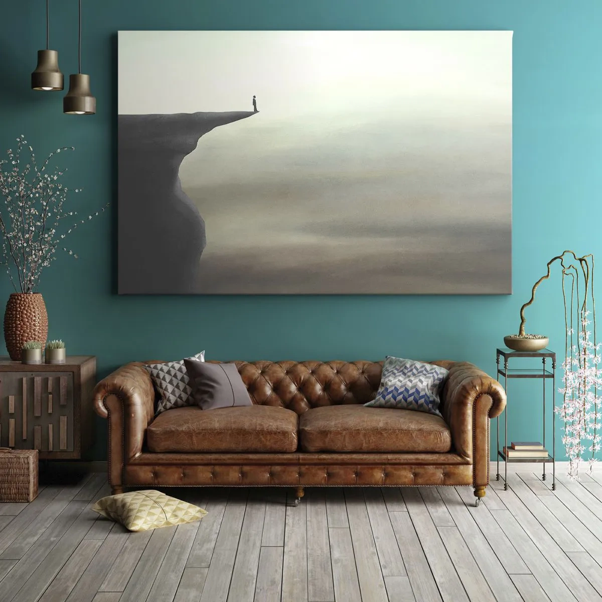 Vászonkép - Egy alak sziluettje egy szikla szélén ködös tájban - 70x50cm - Természetesen felfelé! - Modern fali dekoráció nappalihoz és hálószobához ARTTOR