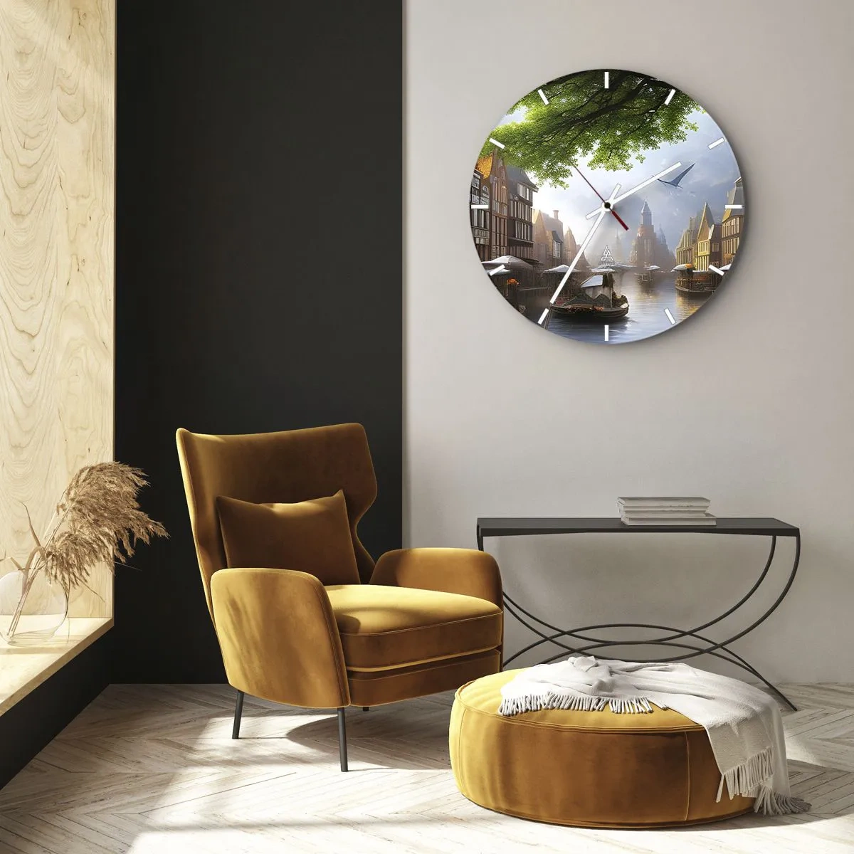 Falióra, Óra - Vízi csatorna hajókkal és történelmi bérházakkal - 30x30cm - Holland városkép - Modern fali dekoráció nappalihoz, konyhához és hálószobához ARTTOR