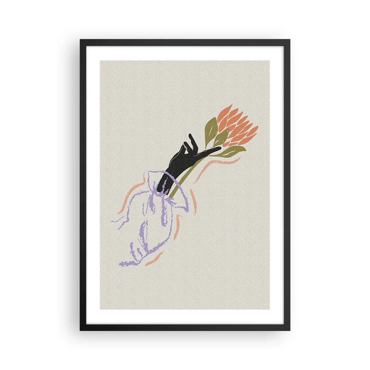 Poszter fehér keretben - Egy virágcsokrot tartó kéz absztrakt rajza - 50x70cm - Egy testvéri érintés - Modern fali dekoráció nappalihoz és hálószobához ARTTOR