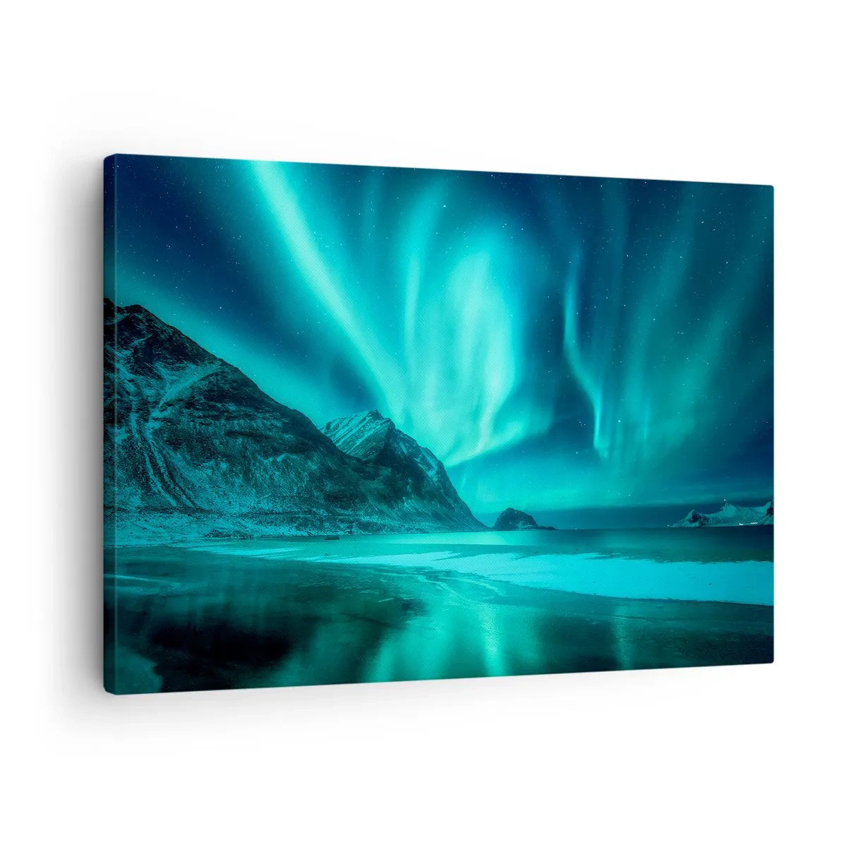 Vászonkép - Aurora Borealis egy hegyvidéki téli táj felett - 70x50cm - Észak csodái - Modern fali dekoráció nappalihoz és hálószobához ARTTOR