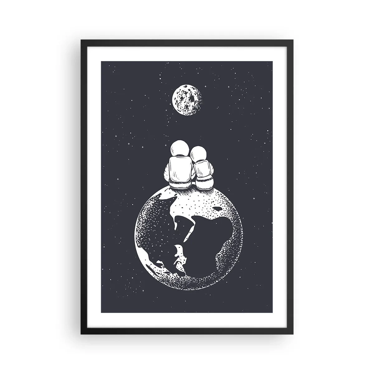 Poszter fehér keretben - Űrhajósok ülnek a Földön és a Holdat nézik - 50x70cm - Egy kozmikus love story - Modern fali dekoráció nappalihoz és hálószobához ARTTOR