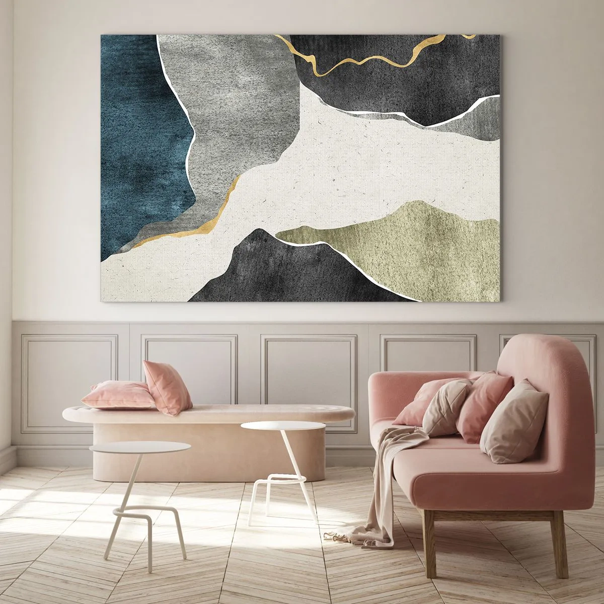 Üveg kép - Absztrakt mozaik organikus formákkal és arany vonallal - 70x50cm - Mozaik kompozíció aranyszállal - Modern fali dekoráció nappalihoz és hálószobához ARTTOR
