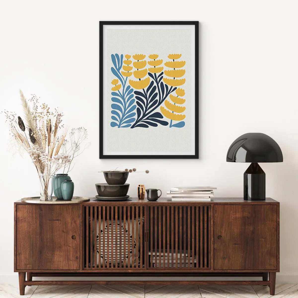 Poszter fehér keretben - Stilizált sárga és sötétkék virágok minimalista stílusban - 50x70cm - Napsütötte virágágyás - Modern fali dekoráció nappalihoz és hálószobához ARTTOR