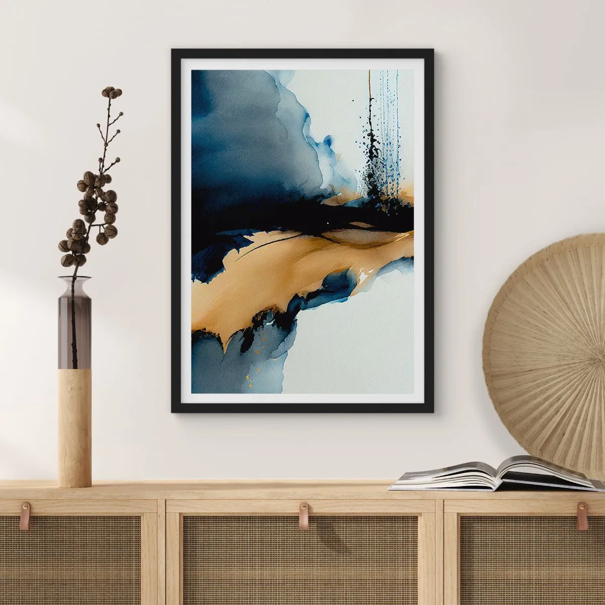 Poszter fehér keretben - Egy absztrakt kompozíció sötétkék és arany árnyalatokban - 50x70cm - A fátyol mögött - Modern fali dekoráció nappalihoz és hálószobához ARTTOR
