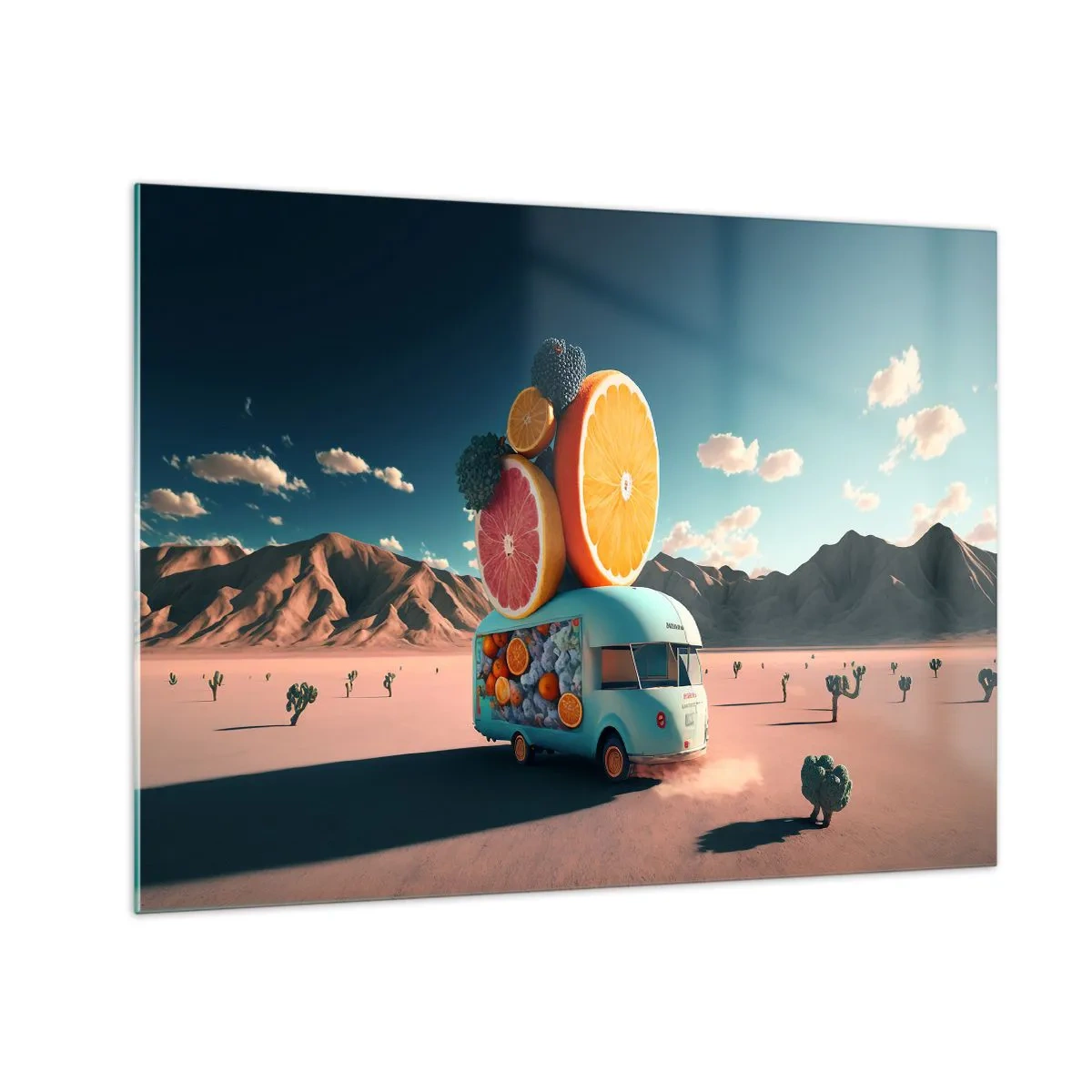 Üveg kép - Türkizkék lakókocsi gyümölccsel a sivatagi táj hátterében - 70x50cm - A nyaralás íze - Modern fali dekoráció nappalihoz és hálószobához ARTTOR
