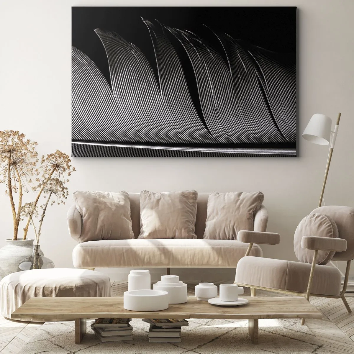 Vászonkép - Fekete-fehér toll textúra minimalista stílusban - 70x50cm - Toll - egy csodálatos konstrukció - Modern fali dekoráció nappalihoz és hálószobához ARTTOR