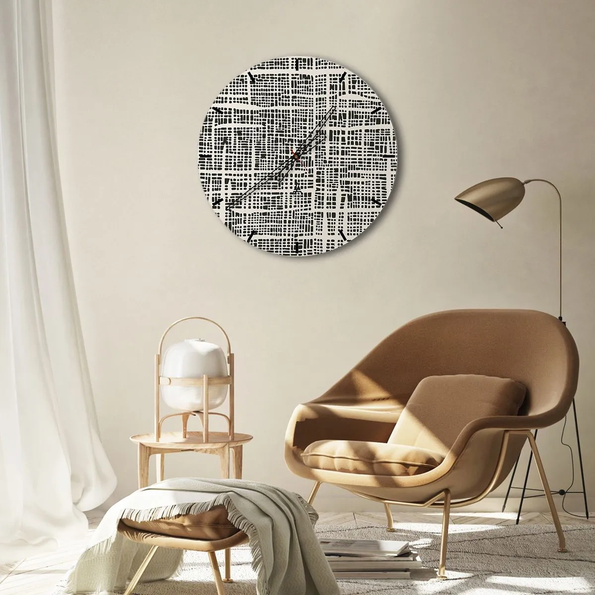Falióra, Óra - Geometrikus, fekete és krémszínű minta szabálytalan pöttyökkel - 30x30cm - Szőtt kompozíció - Modern fali dekoráció nappalihoz, konyhához és hálószobához ARTTOR