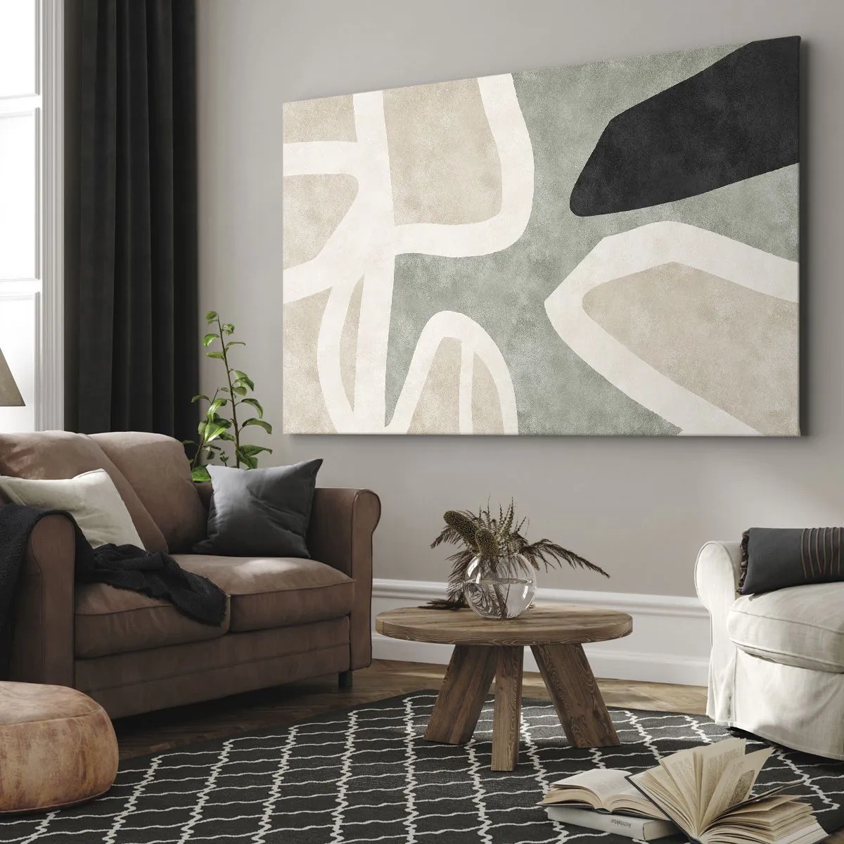 Vászonkép - Absztrakt formák visszafogott színekben - 70x50cm - Kompozíció fekete témával - Modern fali dekoráció nappalihoz és hálószobához ARTTOR