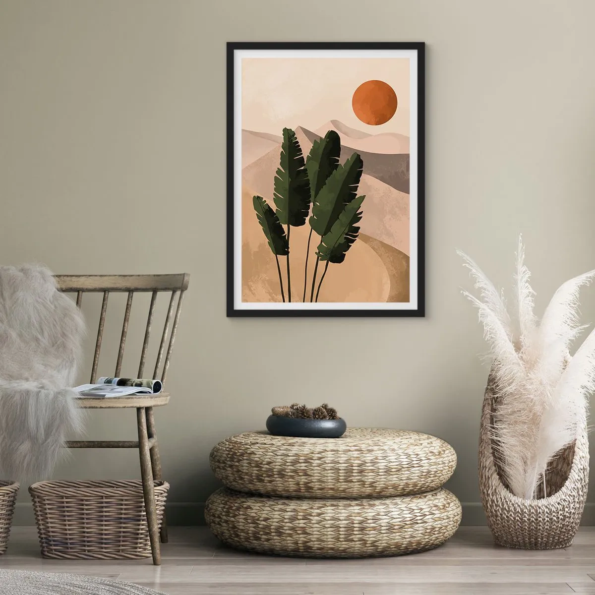 Poszter fehér keretben - Növények sivatagi környezetben, lenyugvó nappal, absztrakt tájkép - 50x70cm - Az élet diadala - Modern fali dekoráció nappalihoz és hálószobához ARTTOR
