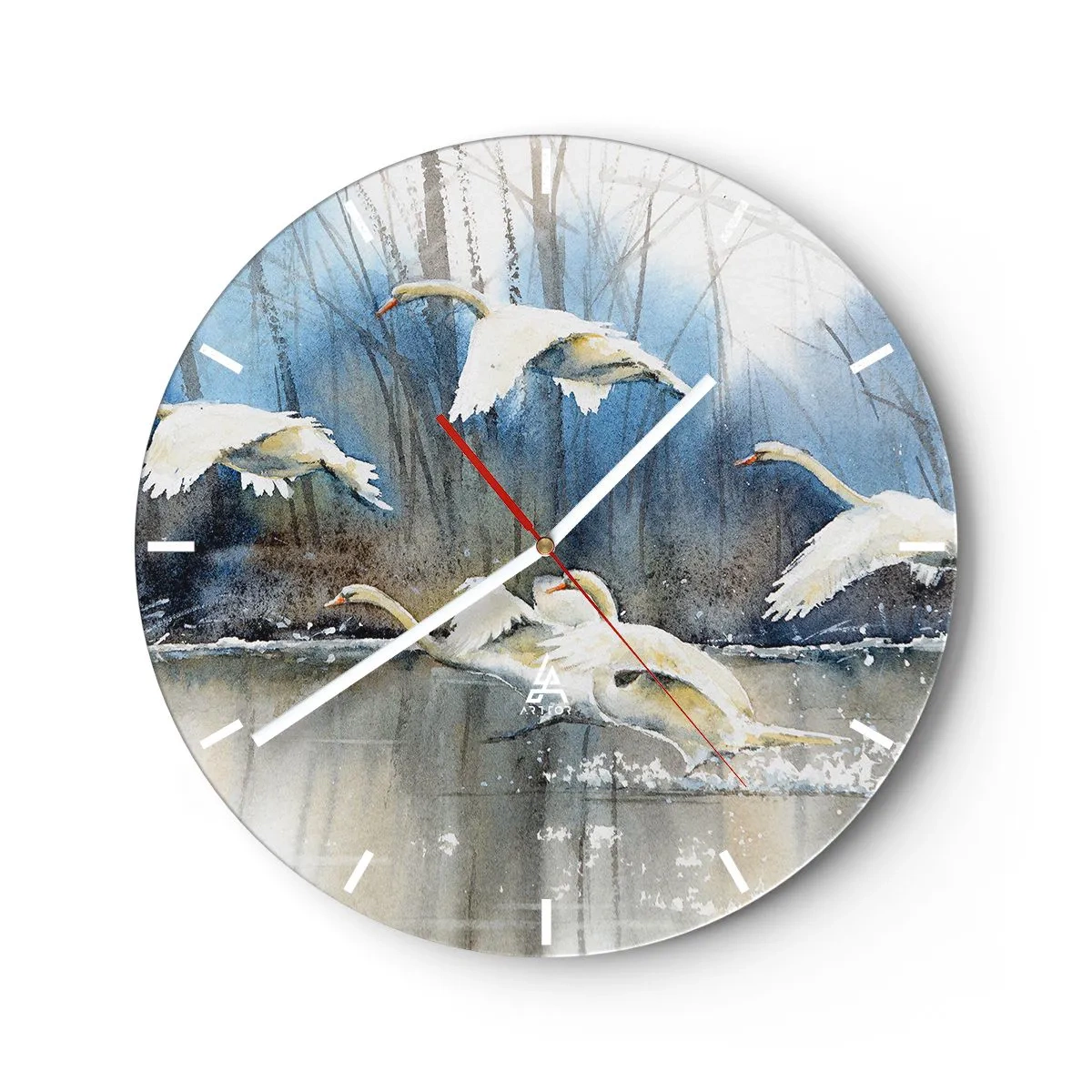 Falióra, Óra - Hattyúk repülnek fel a tó felszínéről, a háttérben az erdővel - 30x30cm - Mint a vadhattyúkról szóló mesében - Modern fali dekoráció nappalihoz, konyhához és hálószobához ARTTOR