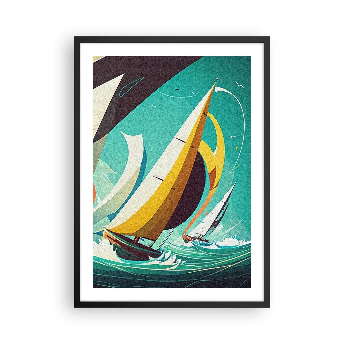 Poszter fehér keretben - Absztrakt vitorlás regatta viharos tengeren - 50x70cm - Közelről és személyesen az elemekkel - Modern fali dekoráció nappalihoz és hálószobához ARTTOR