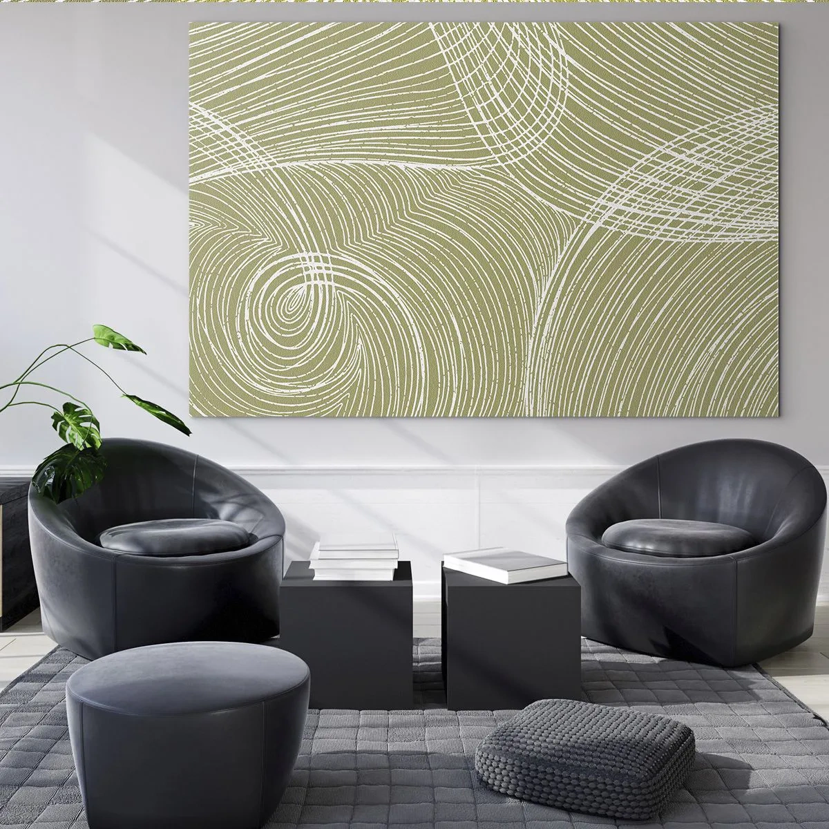 Üveg kép - A fehér vonalak összetett struktúrát alkotnak olívazöld háttér előtt. - 70x50cm - Bonyolult absztrakció fehérben - Modern fali dekoráció nappalihoz és hálószobához ARTTOR