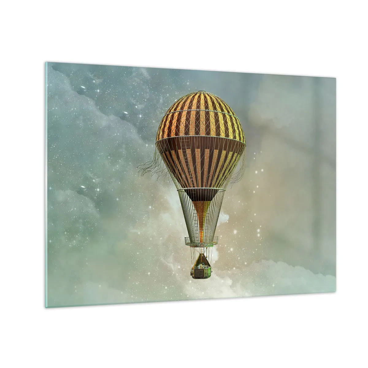 Üveg kép - Egy stilizált lufi a csillagos ég és a felhők hátterében. - 70x50cm - Úttörő járatok - Modern fali dekoráció nappalihoz és hálószobához ARTTOR