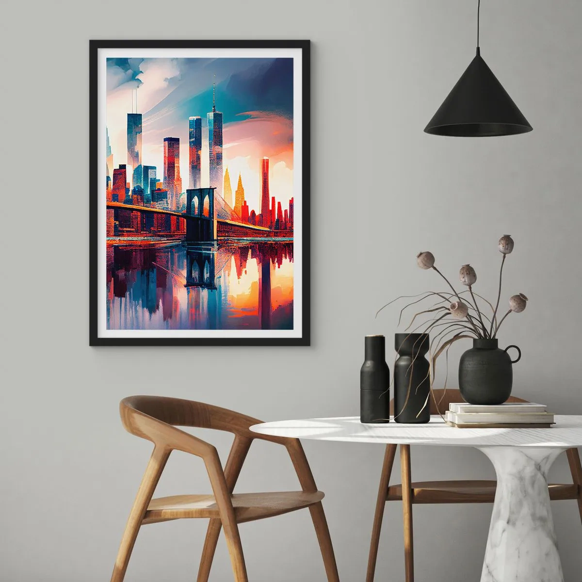 Poszter fehér keretben - A város panorámája egy híddal és a vízben tükröződéssel - 50x70cm - Fenomenális New York - Modern fali dekoráció nappalihoz és hálószobához ARTTOR
