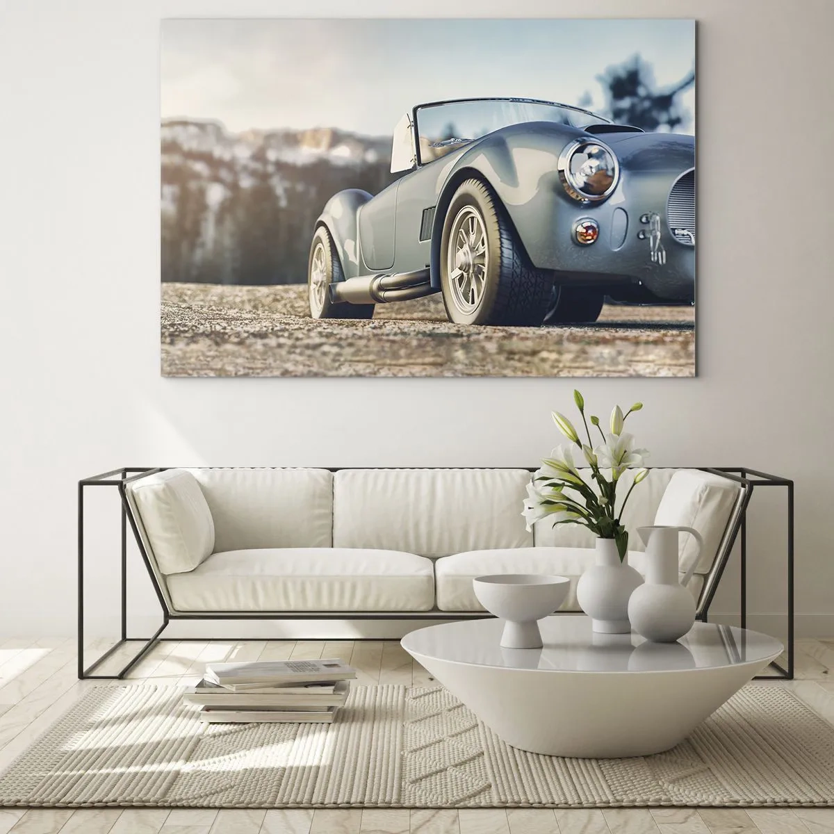 Üveg kép - Egy sportkocsi hegyekkel a háttérben - 70x50cm - Mert a stílus számít - Modern fali dekoráció nappalihoz és hálószobához ARTTOR