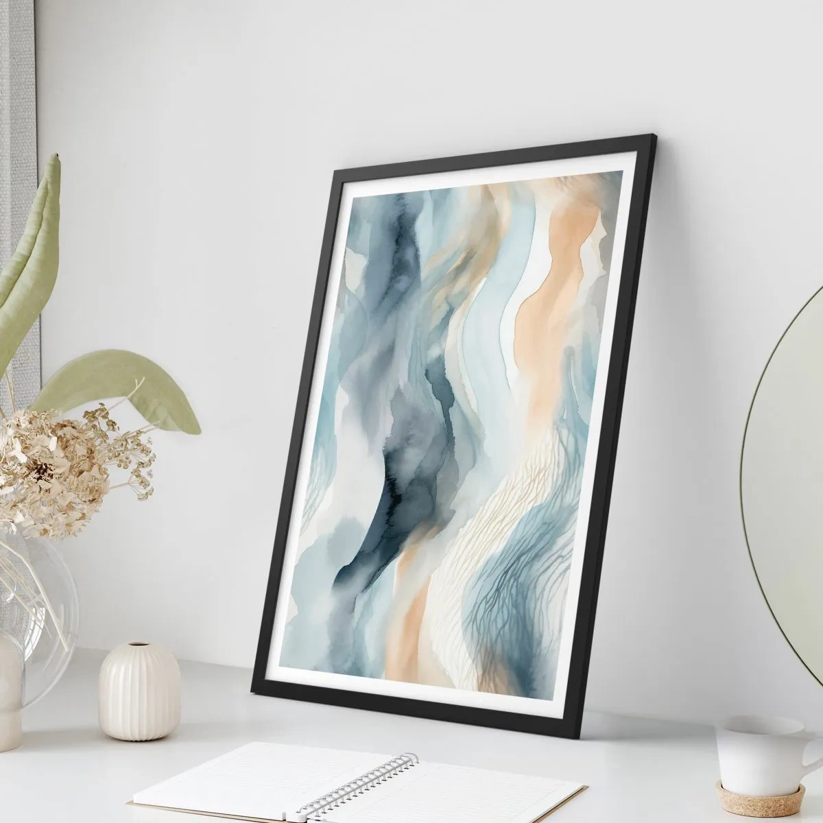 Poszter fehér keretben - Absztrakt hullámok bézs és sötétkék árnyalatokban - 50x70cm - Hó és köd absztrakció - Modern fali dekoráció nappalihoz és hálószobához ARTTOR