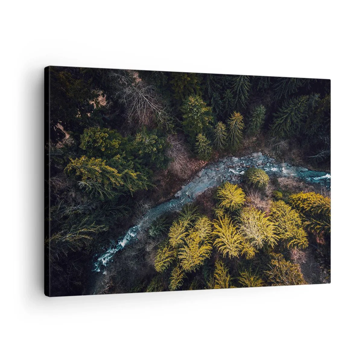 Vászonkép - Felülről egy erdőre néző kilátás, kanyargós folyóval - 70x50cm - Gyorsan, egyre gyorsabban - Modern fali dekoráció nappalihoz és hálószobához ARTTOR