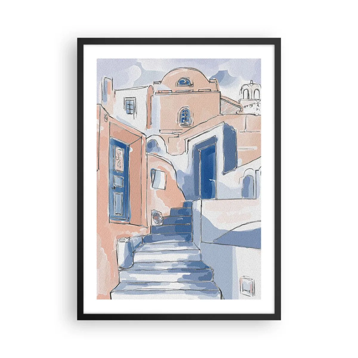 Poszter fehér keretben - Festői, mediterrán stílusú utca kék árnyalatokban - 50x70cm - Egzotikus város - Modern fali dekoráció nappalihoz és hálószobához ARTTOR
