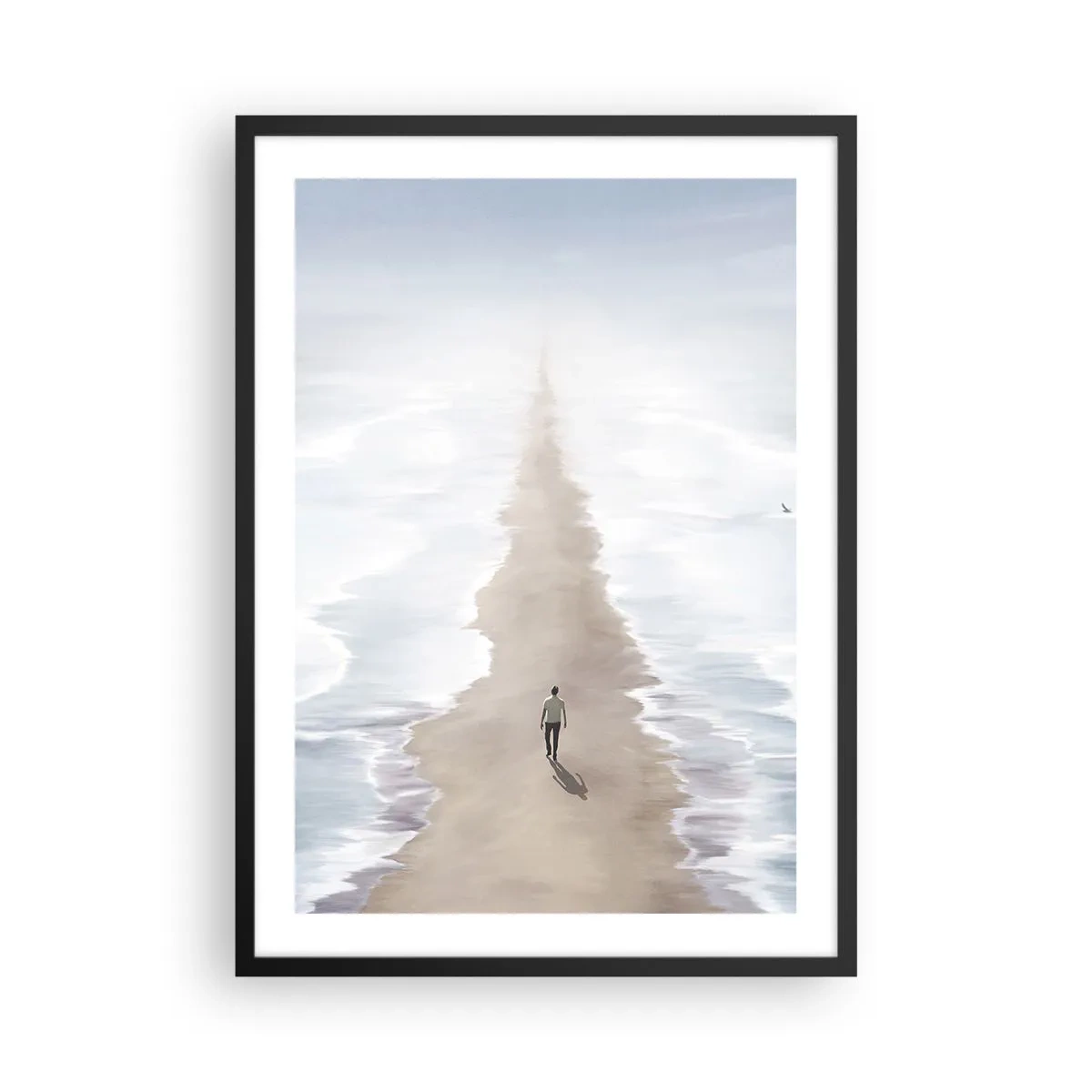 Poszter fehér keretben - Egy alak egyedül sétál egy ösvényen a nyugodt vizek között. - 50x70cm - Fényes jövő - Modern fali dekoráció nappalihoz és hálószobához ARTTOR