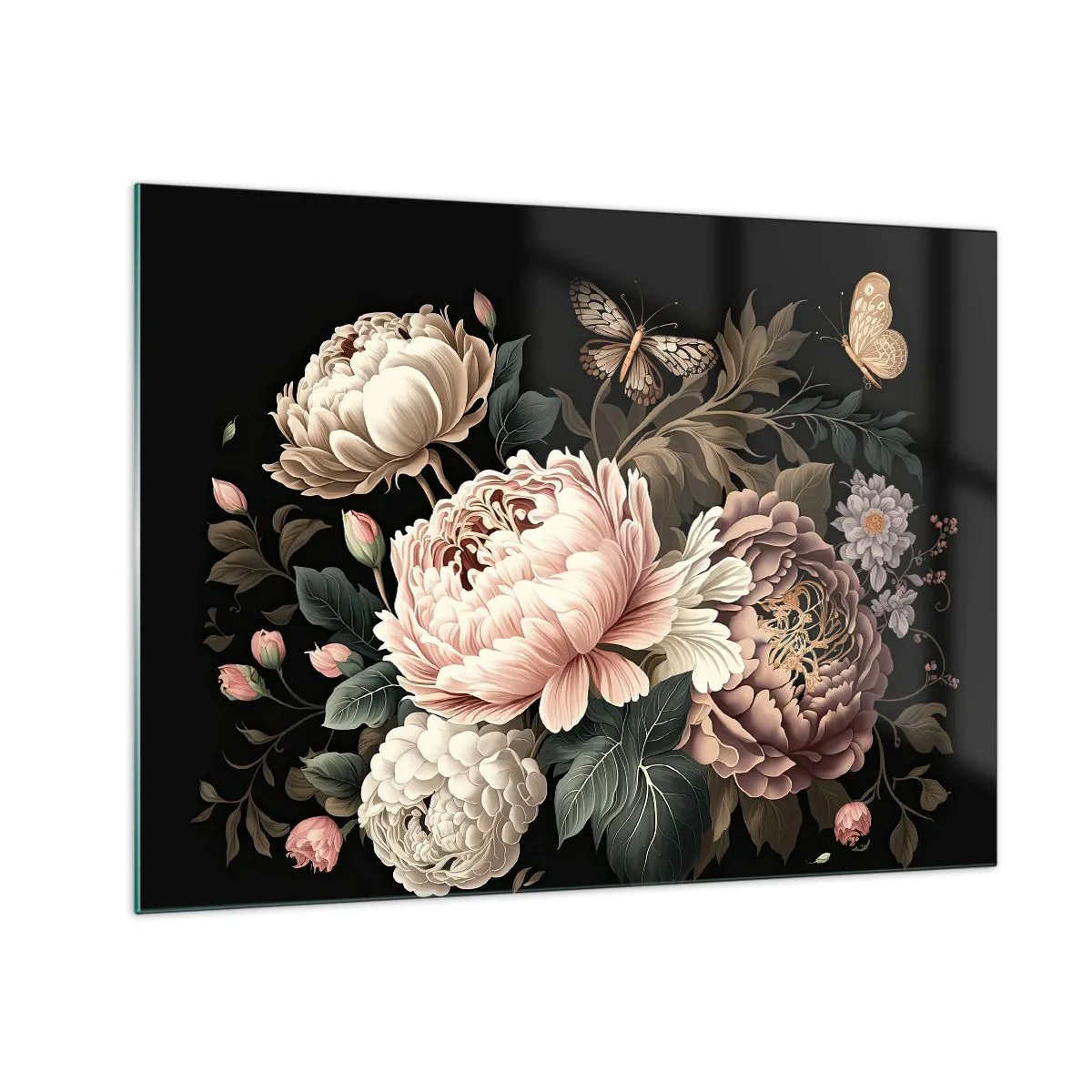 Üveg kép - Virágkompozíció pillangókkal fekete alapon - 70x50cm - Barokk stílusban - Modern fali dekoráció nappalihoz és hálószobához ARTTOR