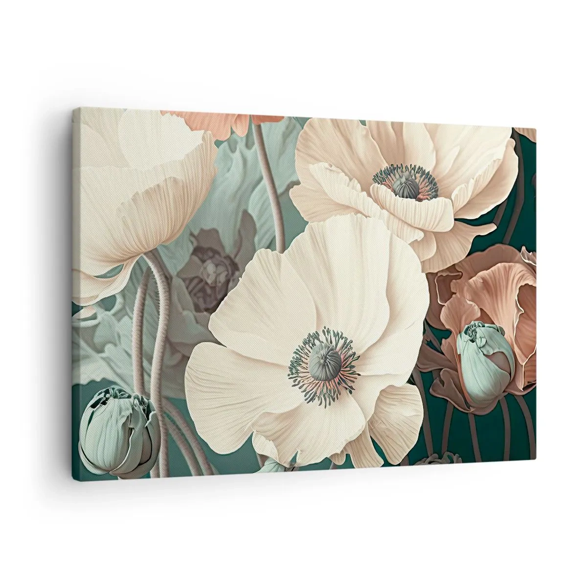 Vászonkép - Elegáns virágok pasztell árnyalatokban zöld háttéren - 70x50cm - Pipacsok suttogása - Modern fali dekoráció nappalihoz és hálószobához ARTTOR