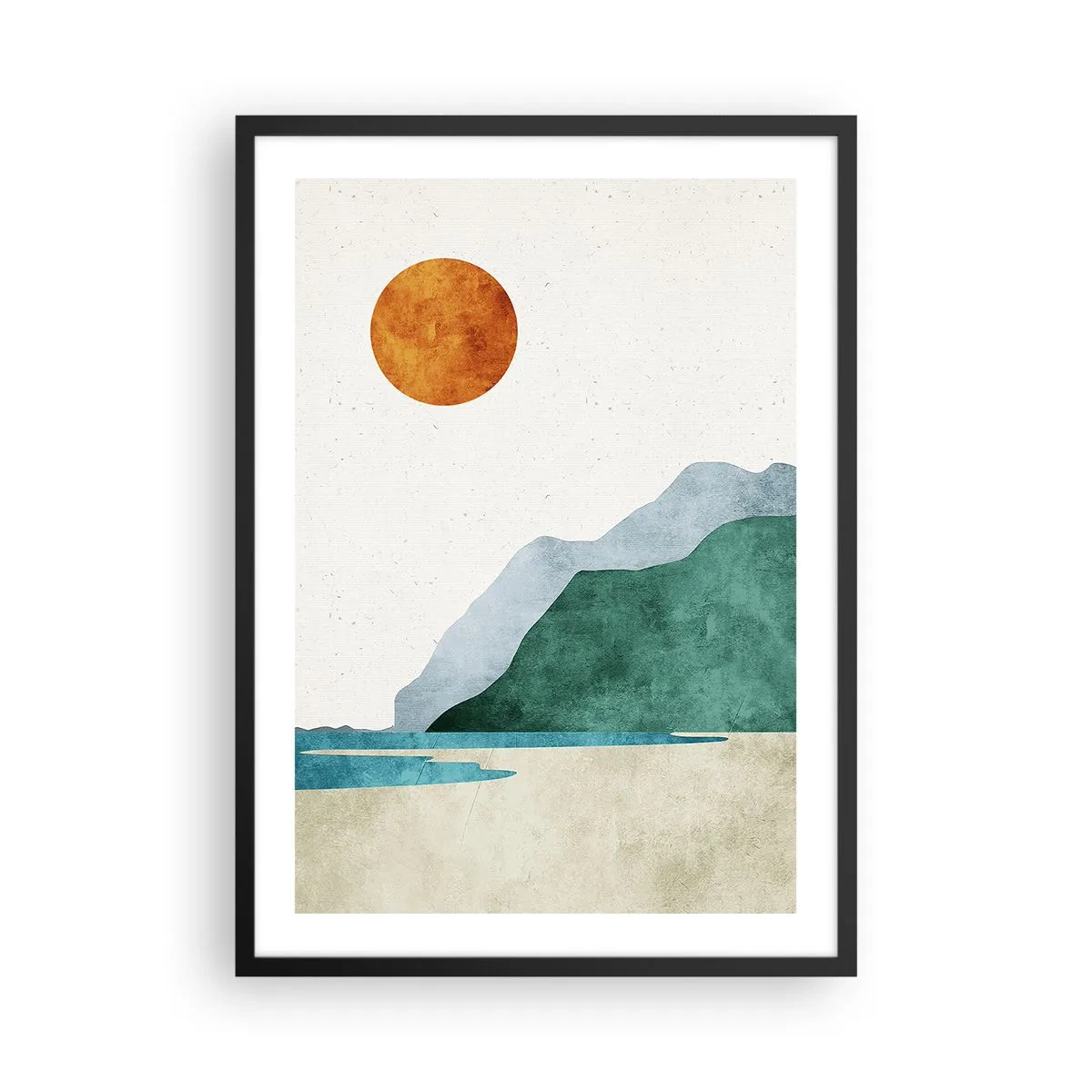 Poszter fehér keretben - Minimalista hegyi táj stranddal és napsütéssel - 50x70cm - Tájkép, amilyennek lennie kell - Modern fali dekoráció nappalihoz és hálószobához ARTTOR