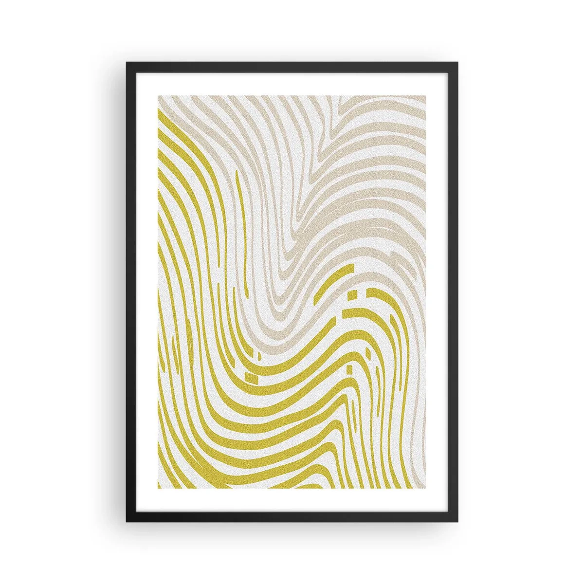 Poszter fehér keretben - Bézs és sárga árnyalatú hullámos vonalak absztrakt kompozíciója. - 50x70cm - Kompozíció szelíd kanyarral - Modern fali dekoráció nappalihoz és hálószobához ARTTOR