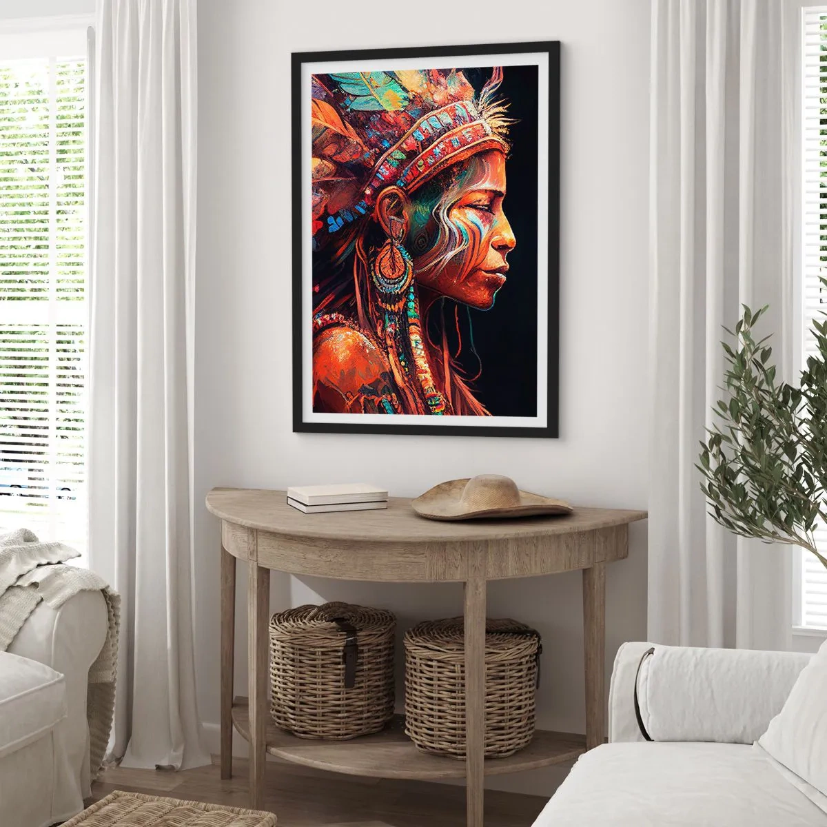 Poszter fehér keretben - Portré egy nőről hagyományos tollas fejdísszel - 50x70cm - Egy varázslatos rituálé - Modern fali dekoráció nappalihoz és hálószobához ARTTOR
