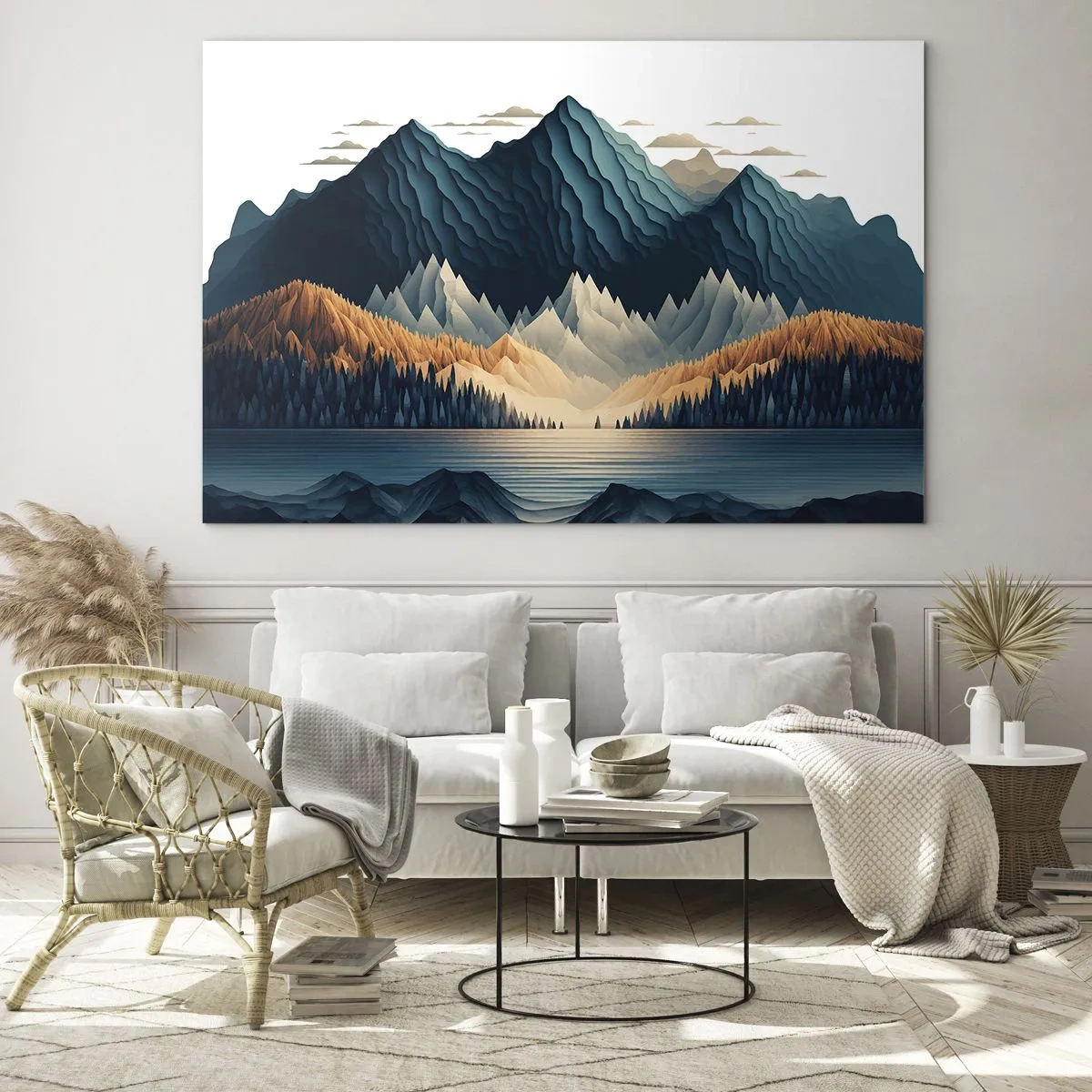 Üveg kép - Stilizált hegyi táj erdővel és tóval - 70x50cm - Tökéletes hegyi táj - Modern fali dekoráció nappalihoz és hálószobához ARTTOR