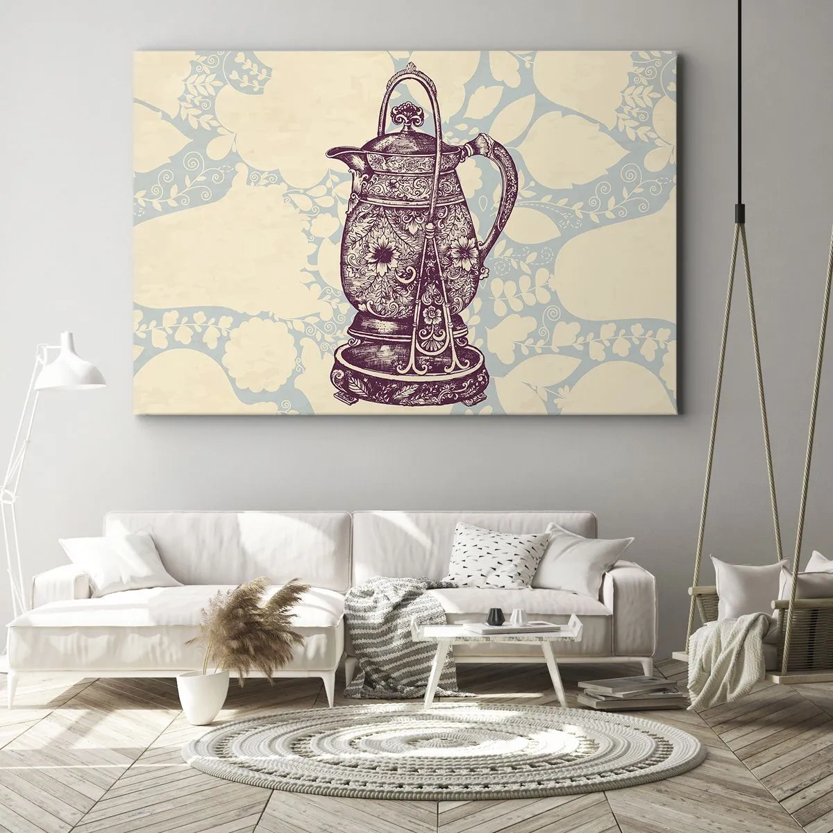 Vászonkép - Stilizált kancsó díszekkel virágos alapon - 70x50cm - A mindennapi élet szépsége - Modern fali dekoráció nappalihoz és hálószobához ARTTOR