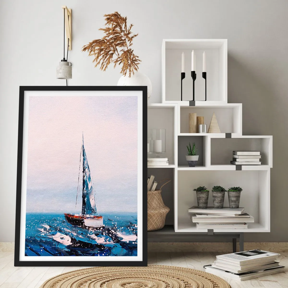 Poszter fehér keretben - Egy vitorláshajó a viharos óceánon festői stílusban - 50x70cm - A szél testvérisége - Modern fali dekoráció nappalihoz és hálószobához ARTTOR