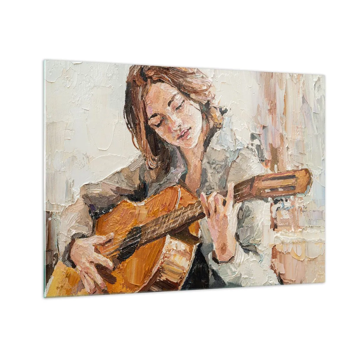 Üveg kép - Egy lány impresszionista stílusban gitározik - 70x50cm - Koncert gitárra és egy lány szívére - Modern fali dekoráció nappalihoz és hálószobához ARTTOR