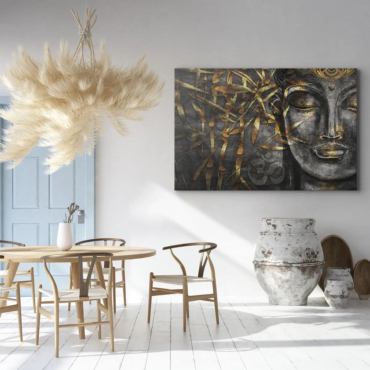 Vászonkép - Zen Buddha kép arany bambuszokkal - 70x50cm - Érezd a nyugalmat - Modern fali dekoráció nappalihoz és hálószobához ARTTOR