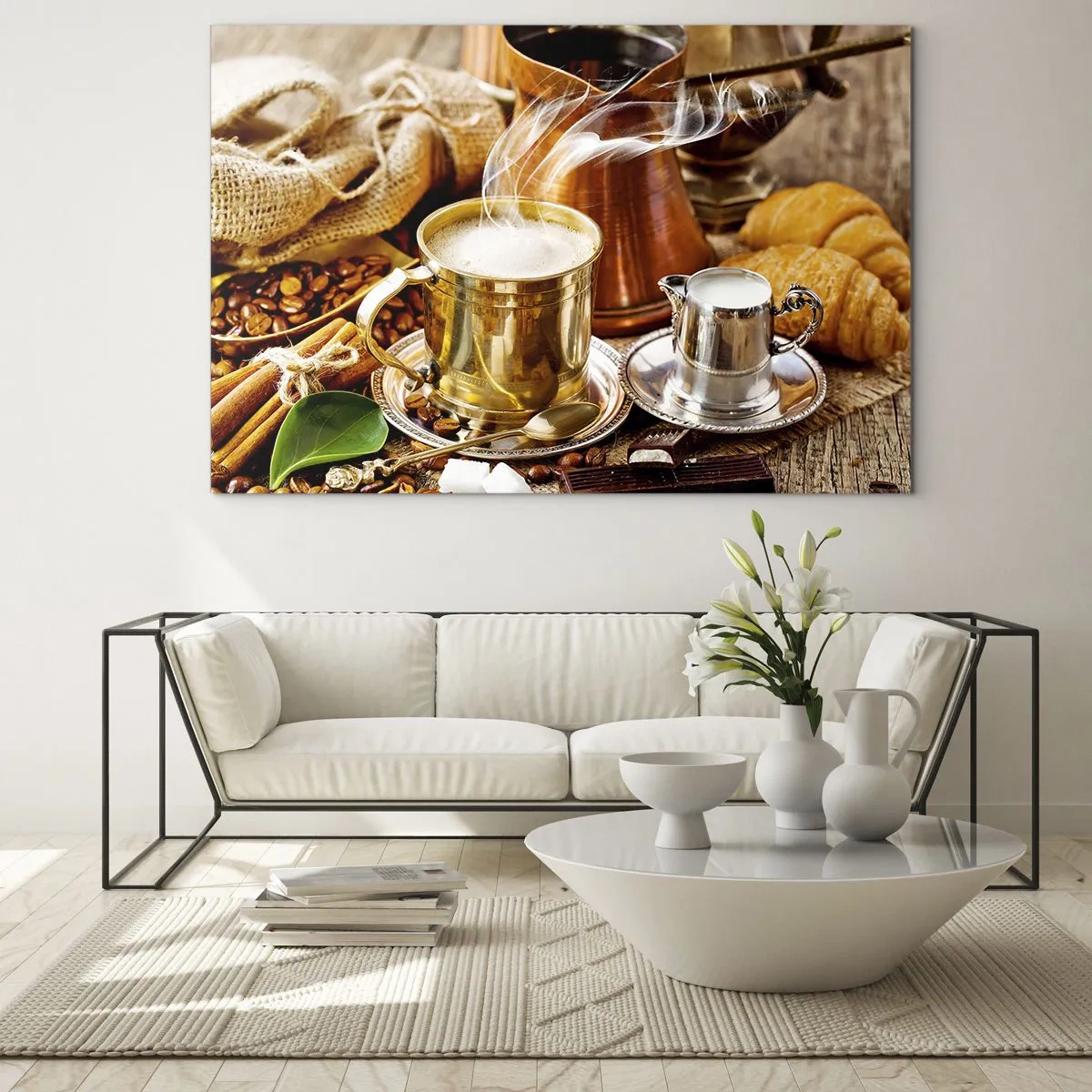 Üveg kép - Egy arany bögre kávé tejjel, gabonafélékkel és croissant-okkal körülvéve - 70x50cm - Szép napot! - Modern fali dekoráció nappalihoz és hálószobához ARTTOR