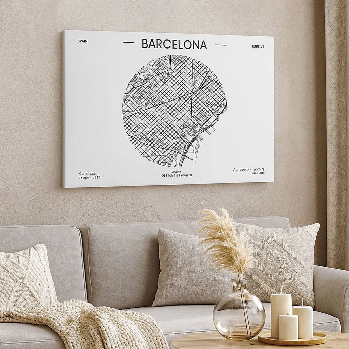 Vászonkép - Barcelona térképe minimalista fekete-fehér stílusban - 70x50cm - Barcelona anatómiája - Modern fali dekoráció nappalihoz és hálószobához ARTTOR
