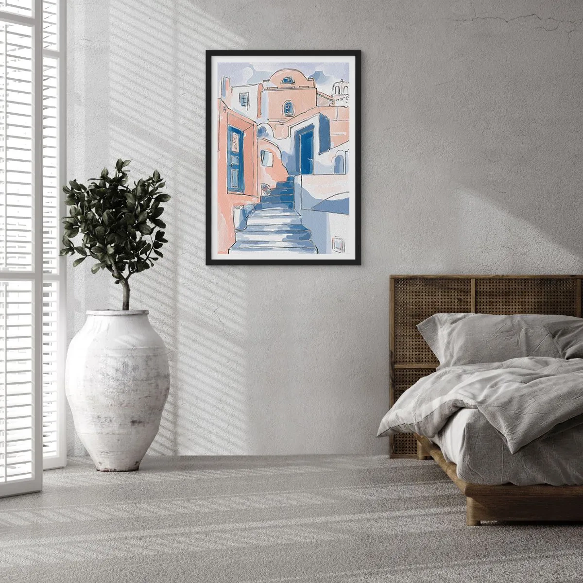 Poszter fehér keretben - Festői, mediterrán stílusú utca kék árnyalatokban - 50x70cm - Egzotikus város - Modern fali dekoráció nappalihoz és hálószobához ARTTOR