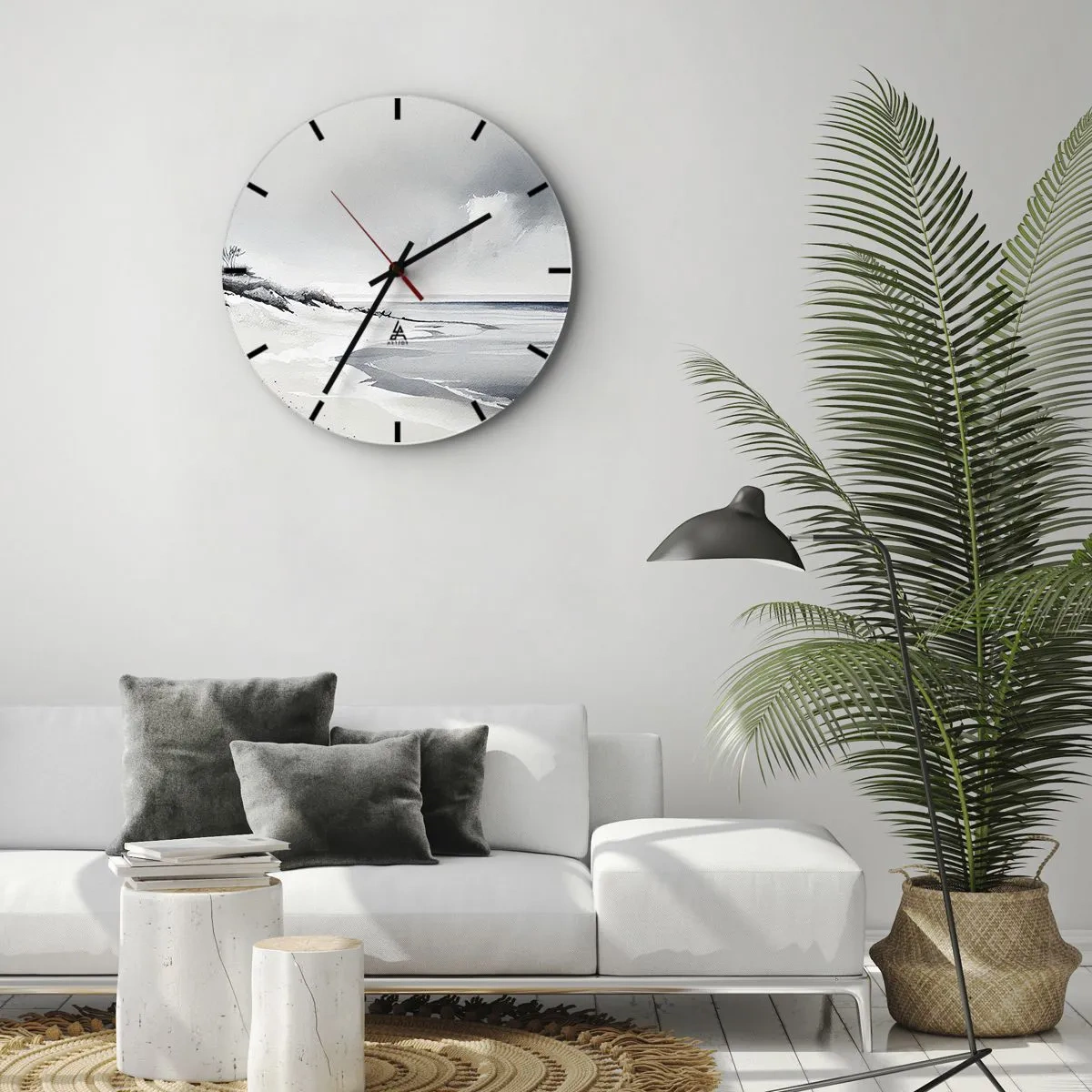 Falióra, Óra - Minimalista tengerparti táj dűnékkel és felhős éggel. - 30x30cm - Mindig együtt - Modern fali dekoráció nappalihoz, konyhához és hálószobához ARTTOR