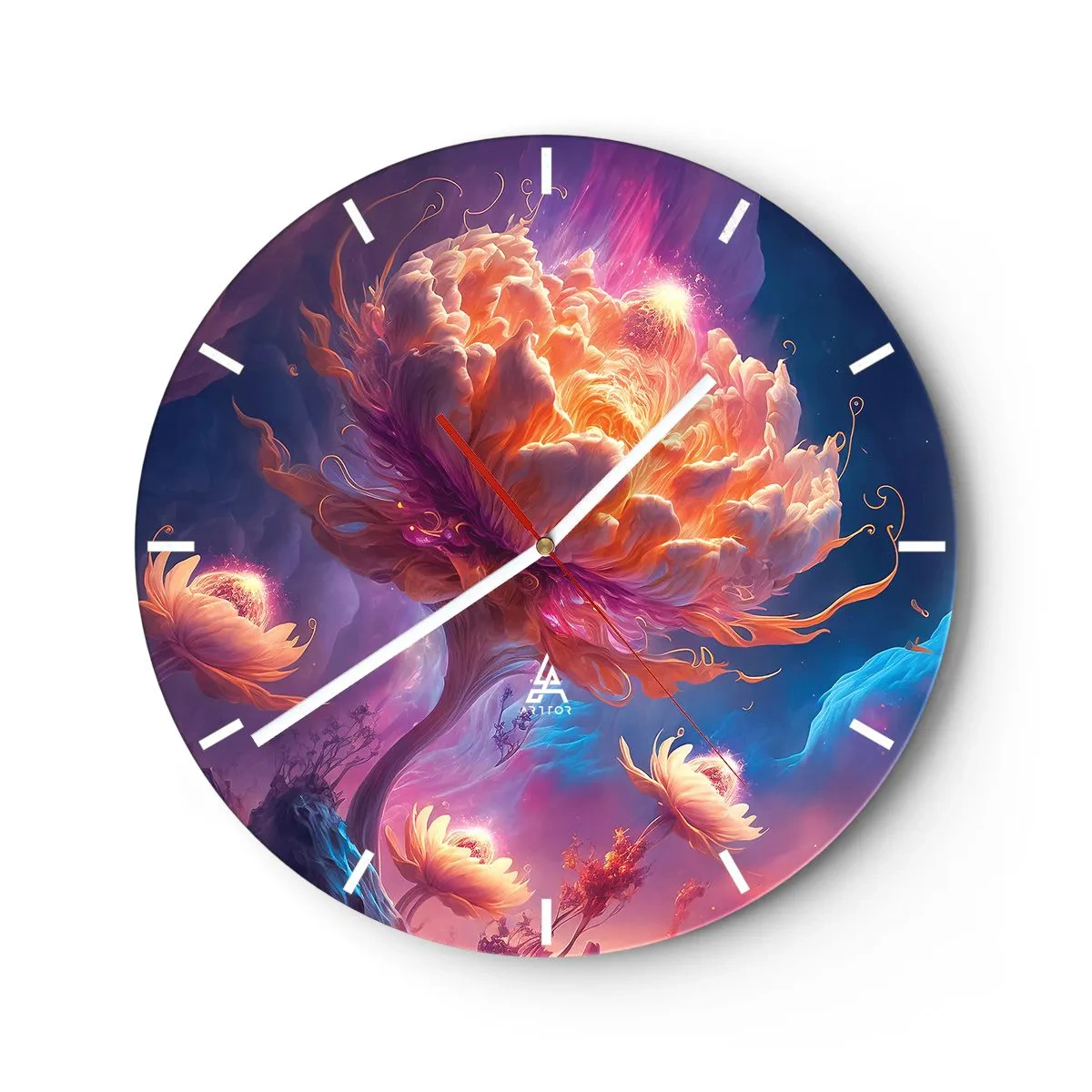 Falióra, Óra - Egy fantasztikus virág, amely kozmikus tájban világít meg - 30x30cm - Egy másik világ - Modern fali dekoráció nappalihoz, konyhához és hálószobához ARTTOR
